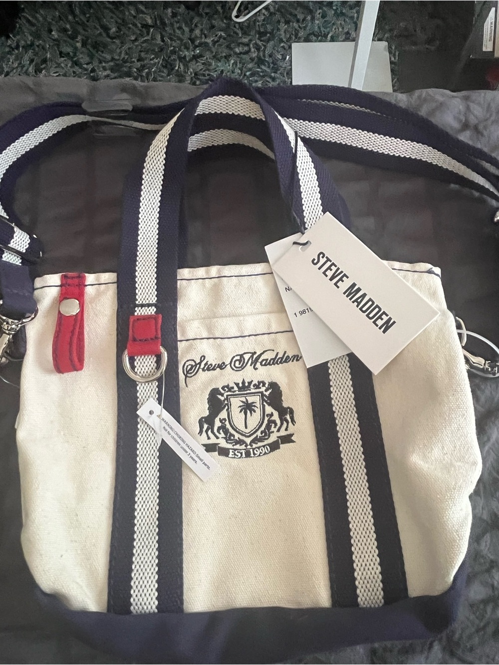 Steve Madden Cream Canvas Tote with Navy Striped Handles and Red Accents